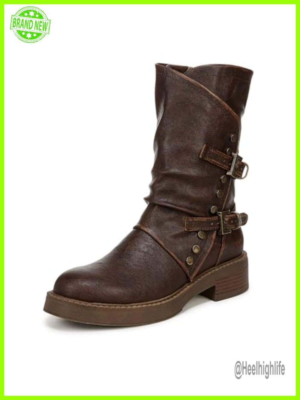 Faux-Leather Mid Calf Moto Boots with Side Zipper & Buckle